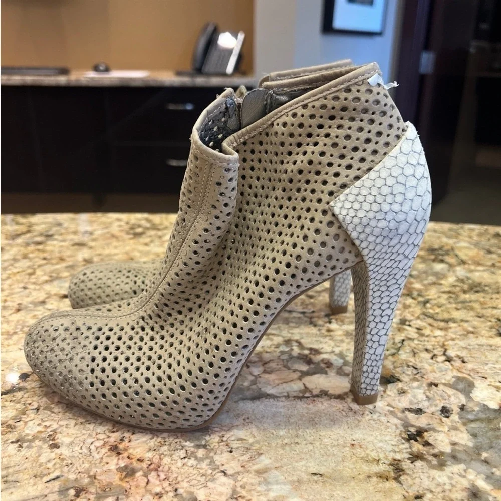 BcbgMaxazria tan laser cut ankle booties size 37